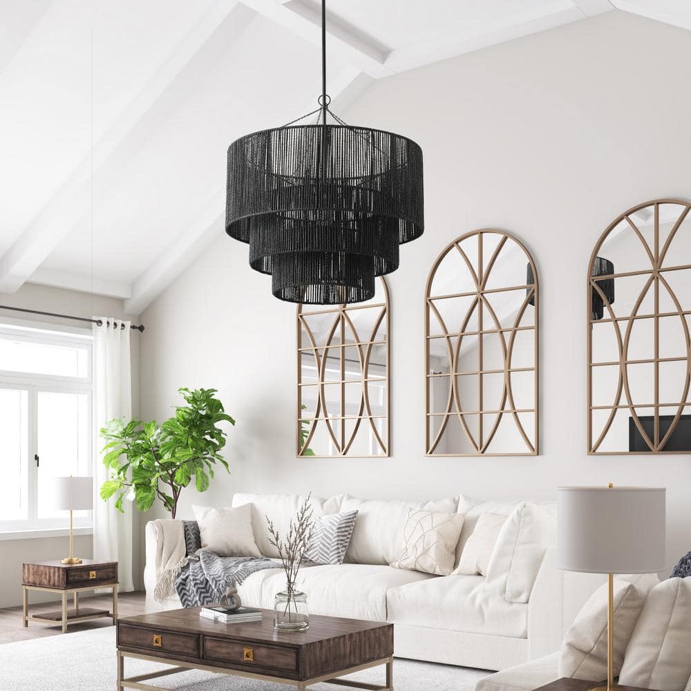 Black Tiered Metal and Rattan Pendant Light