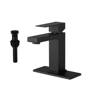 Single Handle Single Hole Bathroom Faucet with Deckplate and Pop-Up Drain Stainless Steel Sink Vanity Tap in Matte Black