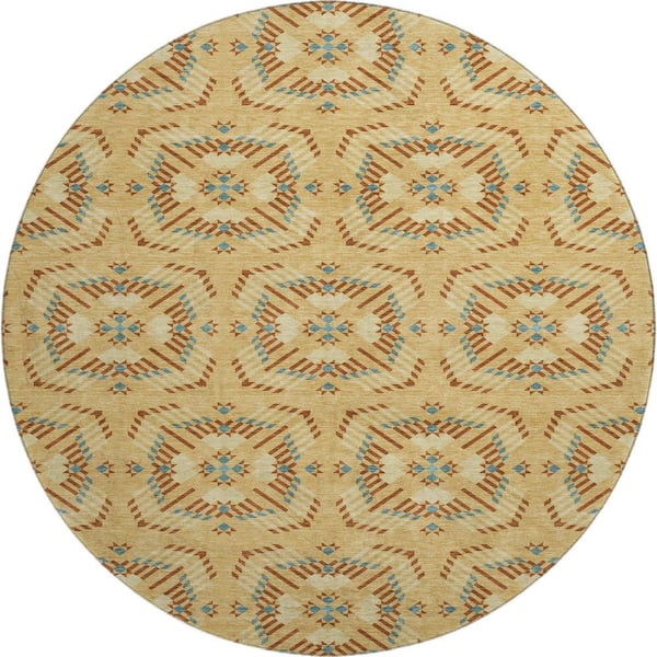 Mayfield Premium Machine Washable Abstract AMF2563 Gold 8 ft. x 8 ft. Round Rug