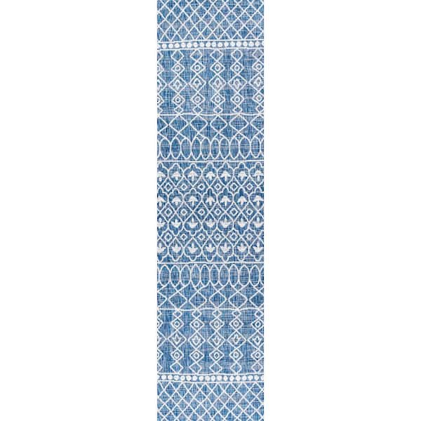Kafel Tribal Bohemian Blue/Ivory 2 ft. x 10 ft. Indoor/Outdoor Runner Rug