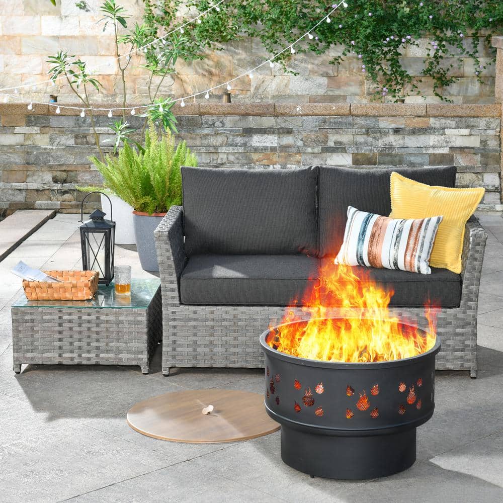 Hanes A Gray 4-Piece Wicker Patio Outdoor Wood Burning Fire Pit Loveseats Sofa Set with Black Cushions price history on PriceWatchPro