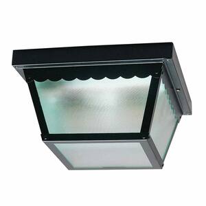 2-Light Black Outdoor Fluorescent Flush Mount Light with Textured Clear Glass