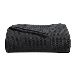 Waffle Grid 1-Piece Black Solid Cotton Full/Queen Blanket