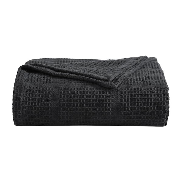 KENNETH COLE NEW YORK Waffle Grid 1-Piece Black Solid Cotton Full/Queen Blanket