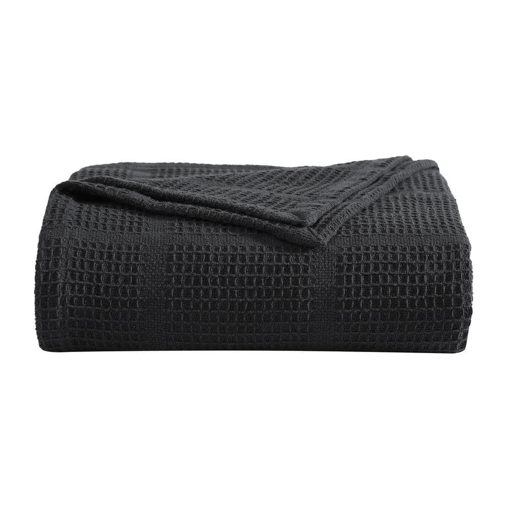 Superior Waffle Weave Knit Cotton Blanket, Throw Size, Black 