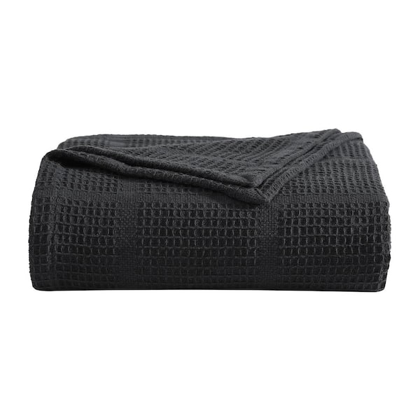 KENNETH COLE NEW YORK Waffle Grid 1-Piece Black Solid Cotton King Blanket