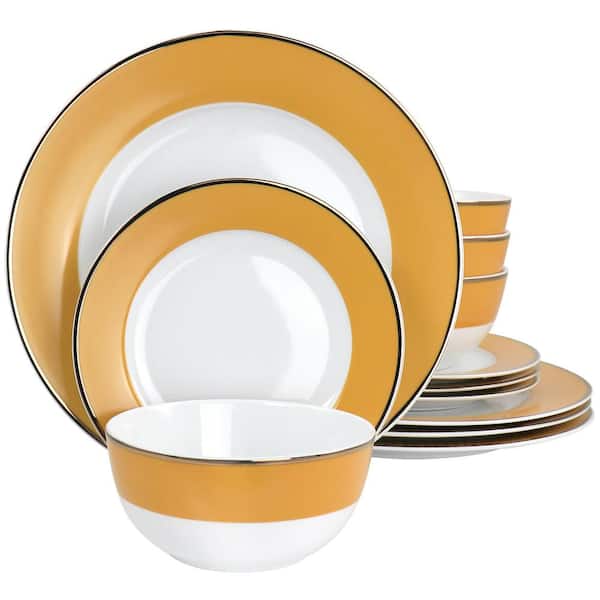 MARTHA STEWART Martha Stewart Gold Rimmed 12 Piece Fine Ceramic Dinnerware Set in Yellow Service for 4