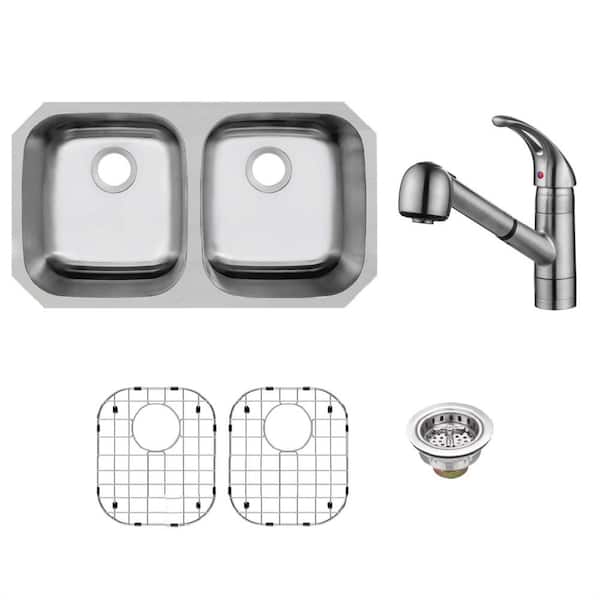 CHESHIRE 32 in. Undermount 50/50 Double Bowl 18-Gauge Stainless Steel Kitchen Sink with Pull-Out Brushed Nickel Kitchen Faucet