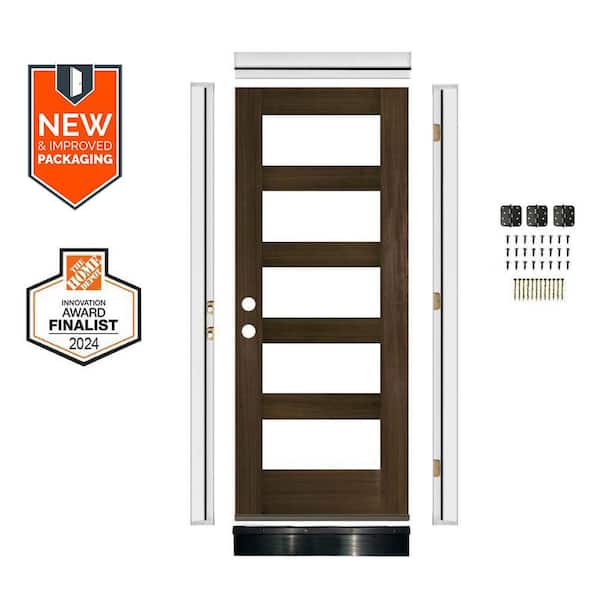 DIY 36 in. x 80 in. Hemlock Right-Hand 5-Lite Clear Glass Black Stain Wood Front Door Kit w/ Quick Assemble Jamb