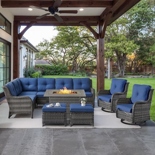Gray 6-Piece Wicker Patio Fire Pit Set, Outdoor Sectional Seating Set with Olefin Navy Blue Cushions and Swivel Rockers