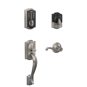 Camelot Satin Nickel Electronic Touch Keyless Deadbolt with Thumbturn and Entry Door Handle with Right-Hand Flair Handle