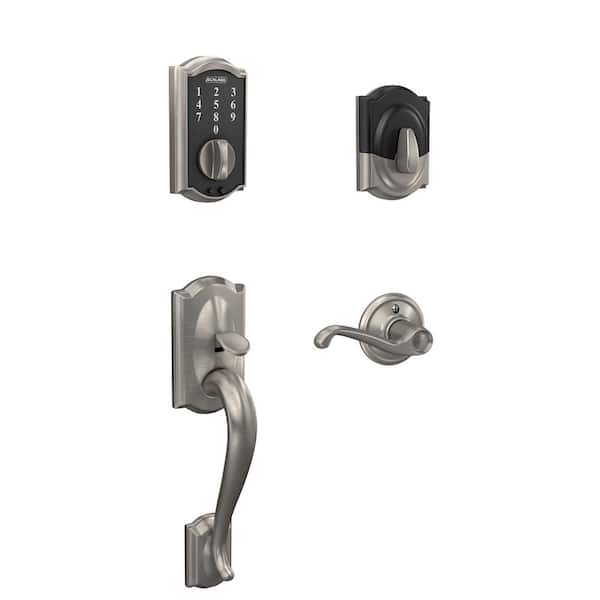 Schlage Camelot Satin Nickel Electronic Touch Keyless Deadbolt with Thumbturn and Entry Door Handle with Right-Hand Flair Handle