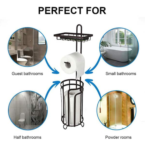 Flynama Floor Standing Metal Bathroom Tissue Paper Roll Stand Toilet Paper Roll Storage Holder for 4 Large Rolls in Black