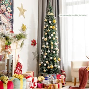 7 ft. Green Unlit Flocked Pencil Artificial Christmas Tree Snowy with Pine Cones
