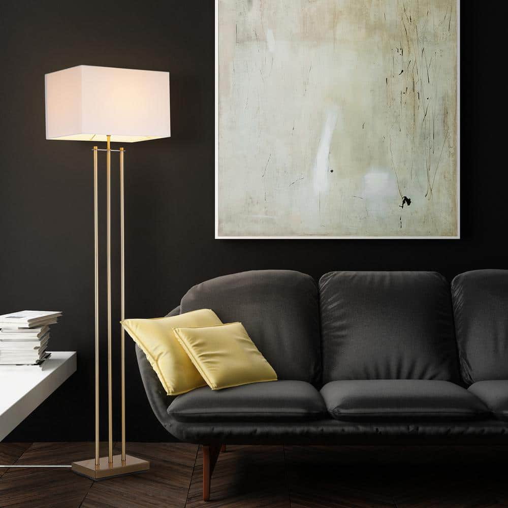 62" Matte Brass Floor Lamp with White Linen Shade