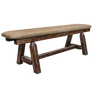 Homestead Collection 18 in. H Brown Wooden Bench with Buckskin Pattern Upholstered Seat, 5 ft. Length