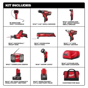M12 12V Lithium-Ion Cordless Combo Tool Kit (8-Tool) w/(2) 1.5Ah and (1) 3.0Ah Batteries, (1) Charger, (1) Tool Bag