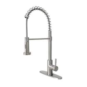 Single Handle Pull-Down Kitchen Faucet with Spring Neck Dual Sprayer and Soap Dispenser in Stainless Steel