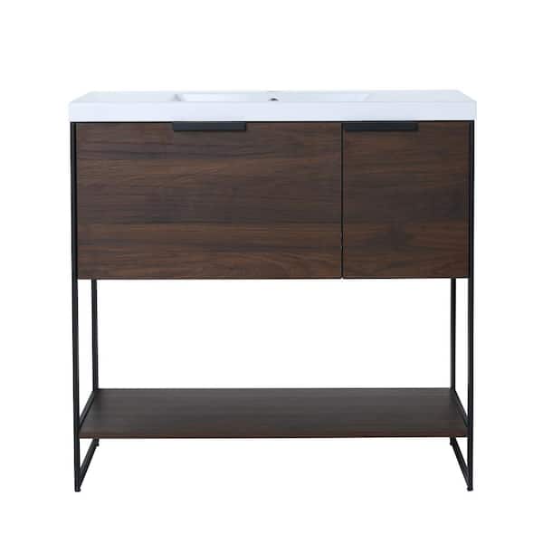 FORCLOVER 35-7/16 in. W x 18-1/8 in. D x 34-1/4 in. H Bath Vanity in California Walnut with White Resin Top