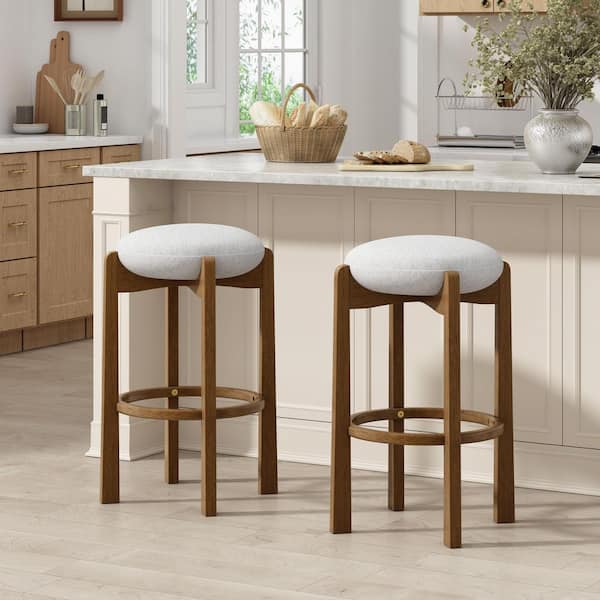 Hendric Modern 30 in. H Dark Walnut Finish Wood Frame and Ivory Fabric Upholstery Bar Stool with Footrest, Set of 2