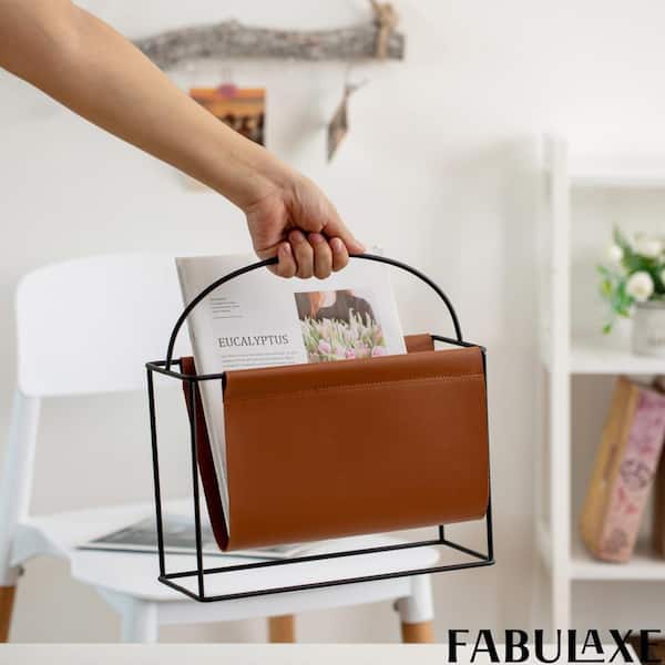 FABULAXE Arch Gold-Tone Metal Magazine Rack with Brown Faux