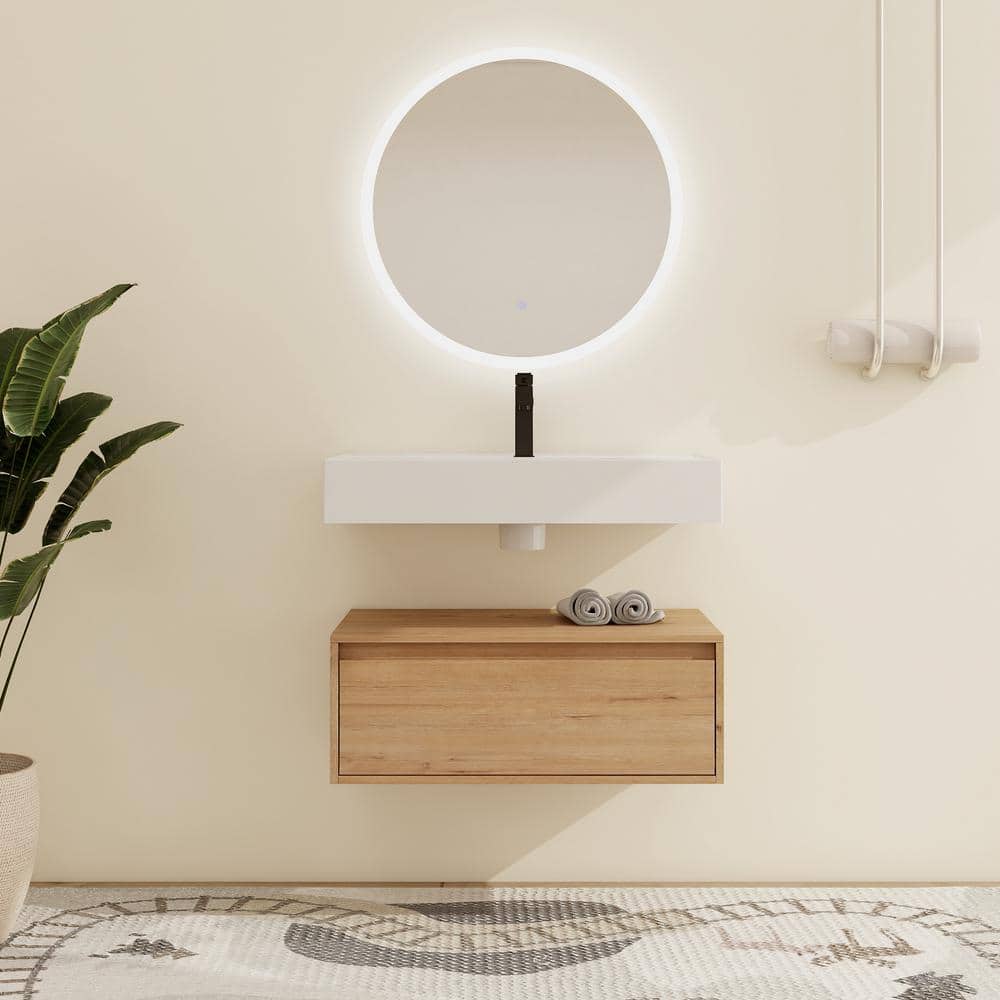 29.5 in. W x 18.1 in. D x 15.8 in. H Wall Mounted Light Brown Bath Vanity w