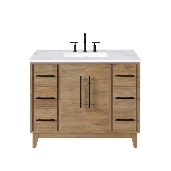 Eviva Graham 42 in. Single Sink Oak Bath Vanity with White Arabescato Engineered Stone Top (Assembled)