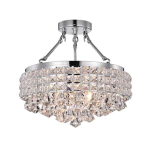 Alyvia 15 in. 4-Light Chrome Glam Semi-Flush Mount with Beaded Drum Shade and Hanging Crystals