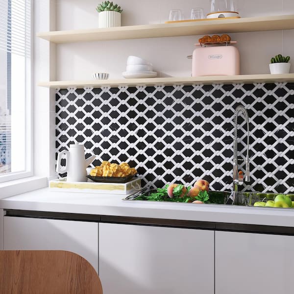 Nero Marquina White and Gray 12.01 in. x 13.78 in. Geometric Polished Marble Mosaic Tile (11.5 sq. ft./Case)