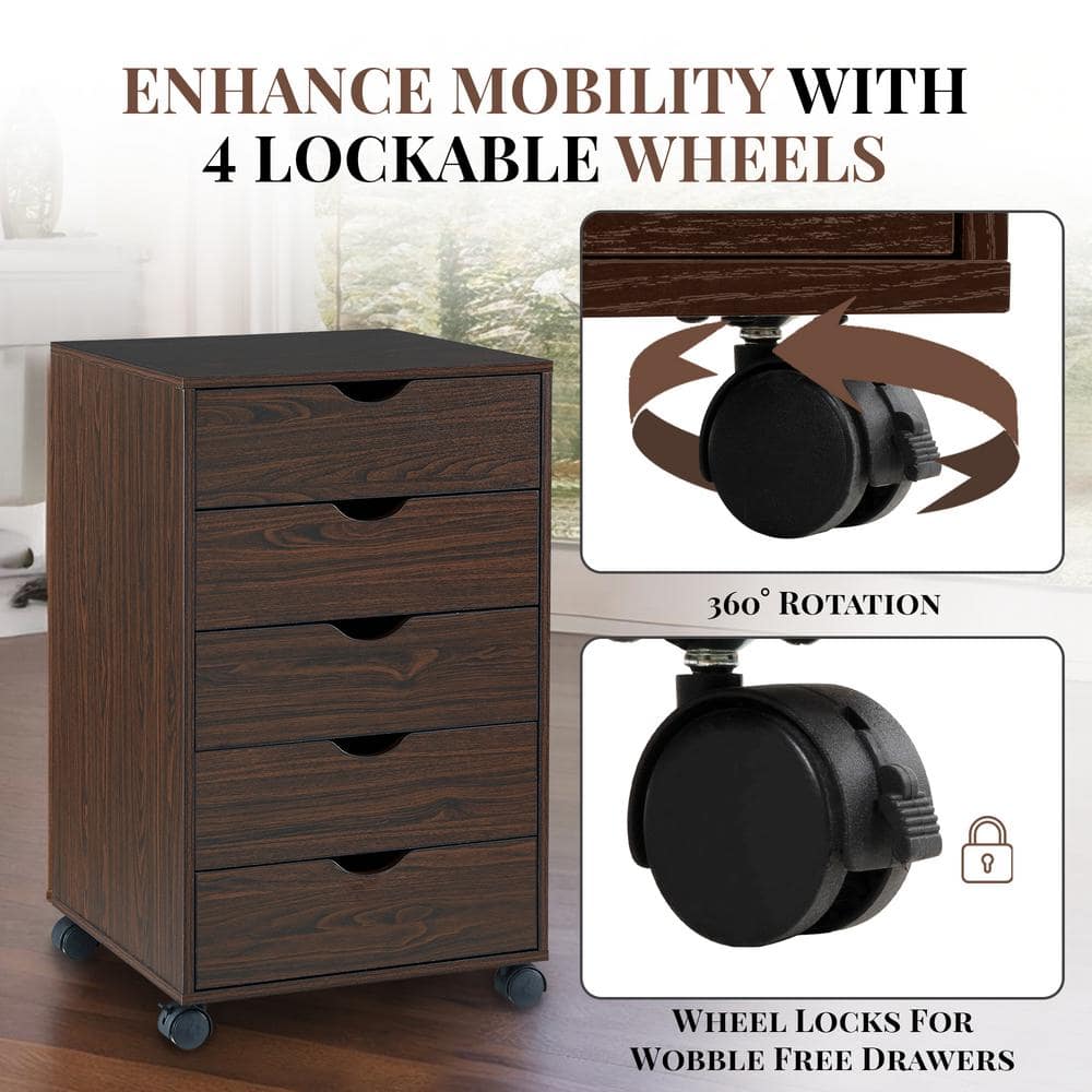 Espresso Dark Wood 5-Drawer Mobile File Cabinet with Casters