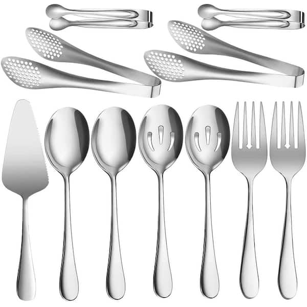 11-Piece Silver Large Stainless Steel Flatware Set (Service for 2), Spoons Forks Tongs, Pie Server, Serving Utensils