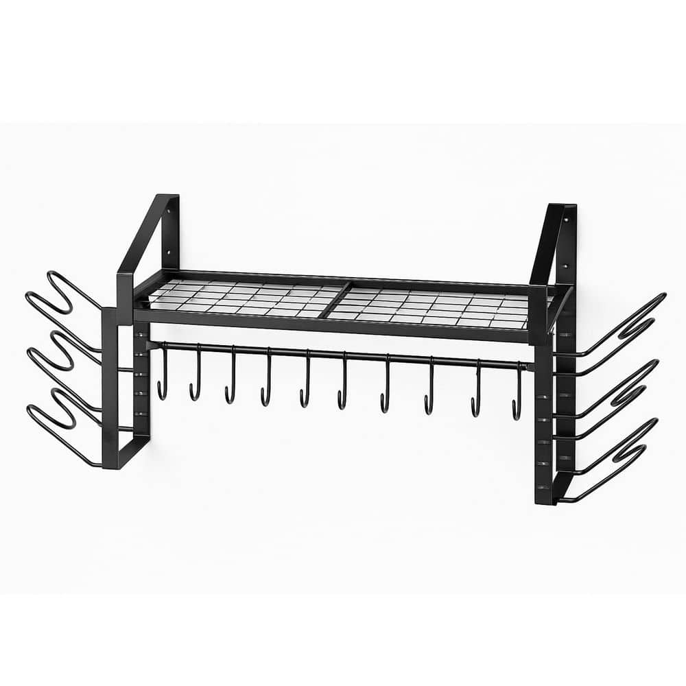 Black Heavy Duty Wall Mounted Pot and Pan Organizer with 12 Hooks 6 Lid Holders for Kitchen Storage Screw Upgraded