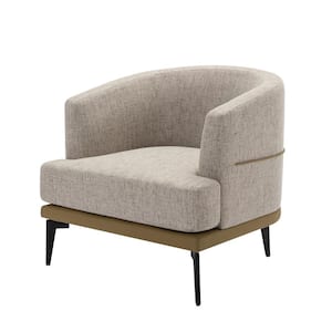 Light Gray and Mustard Green Linen, PU Leather Upholstered Arm Chair, Barrel Chair with Sturdy Metal Leg, Plywood Frame