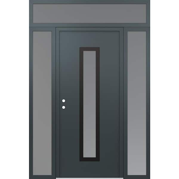 A11 68 in. x 96 in. Black P Right-Hand/Inswing Frosted Glass Anth/Anth 2 Sidelite Plus Transom Steel Prehung Front Door