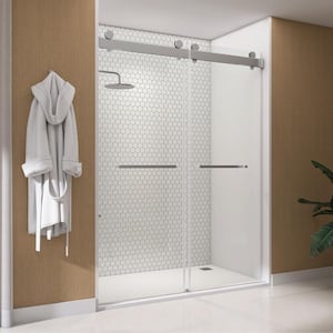 60 in. W x 79 in. H Soft Close Double Sliding Bypass Frameless Glass Shower Door in Brushed Nickel 3/8 in. Clear Glass