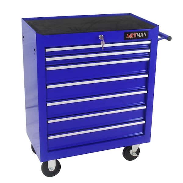 12.9 in. W 7 Drawer Rolling Metal Blue Tool Cabinet with Lock, 4 Wheels Tool Carts with Workbench and Push Rod