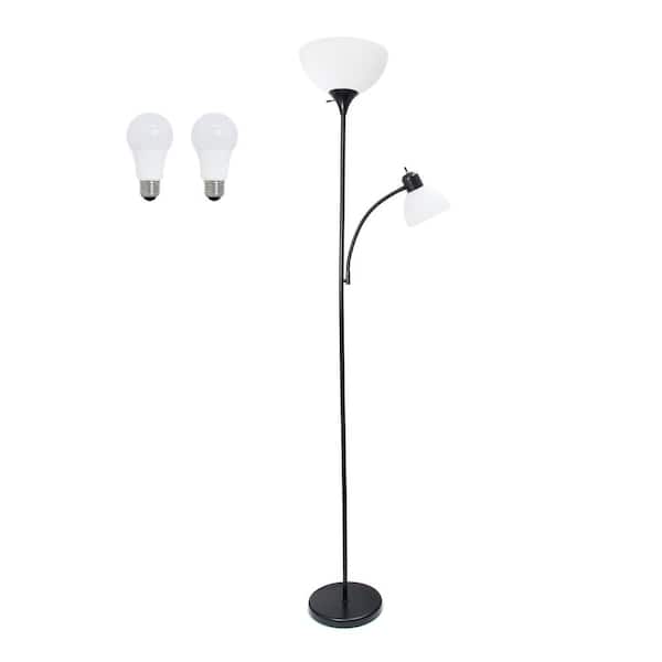 Creekwood home 71.5 in. Black Traditional 2 Light Metal Torchiere Floor Lamp for Living Room with Plastic Shades and LED Bulbs Included