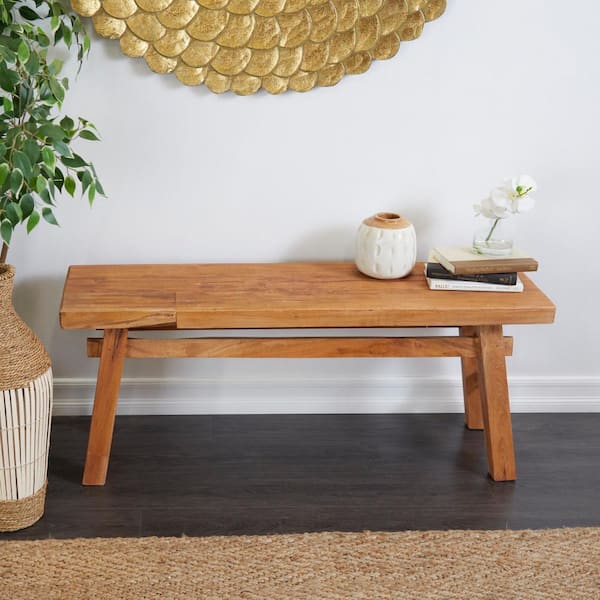 Litton Lane Brown Handmade Distressed Bench with High Trestle Legs 21 in. X 47 in. X 12 in.