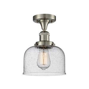 Bell 8 in. 1-Light Brushed Satin Nickel Semi-Flush Mount with Seedy Glass Shade