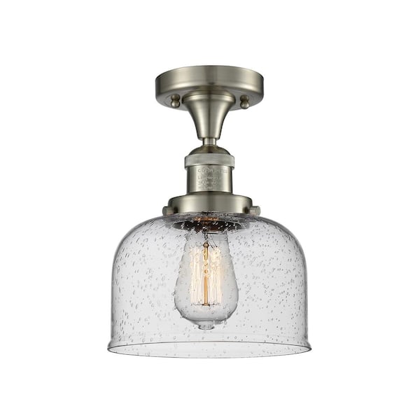 Innovations Bell 8 in. 1-Light Brushed Satin Nickel Semi-Flush Mount with Seedy Glass Shade