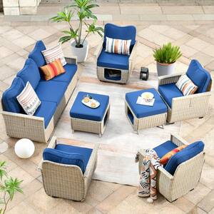 Echo Beige 7-Piece Wicker Multi-Functional Pet Friendly Outdoor Patio Conversation Sofa Set with Navy Blue Cushions