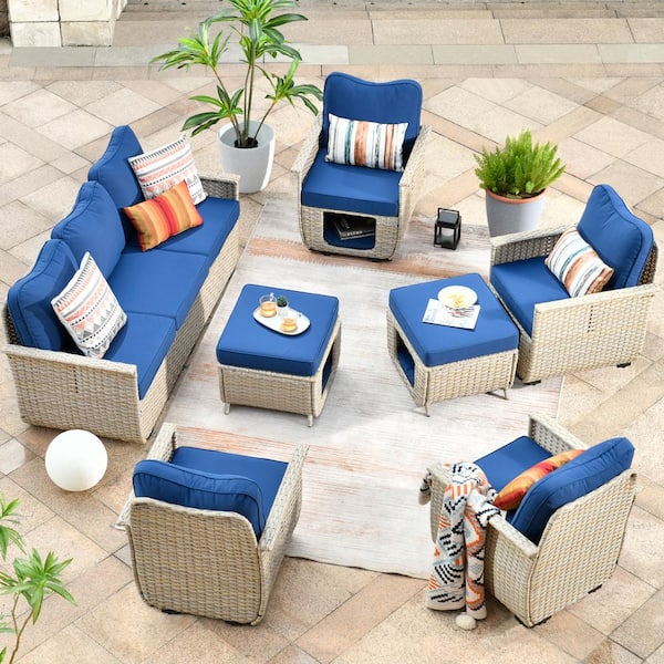 HOOOWOOO Echo Beige 7-Piece Wicker Multi-Functional Pet Friendly Outdoor Patio Conversation Sofa Set with Navy Blue Cushions