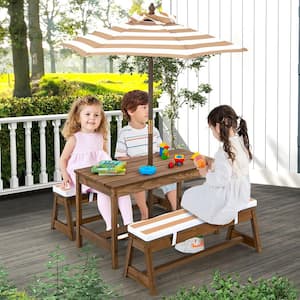 Wooden Top Brown Kids Wood Picnic Table and Bench Set w/Cushions Umbrella for Indoor Outdoor