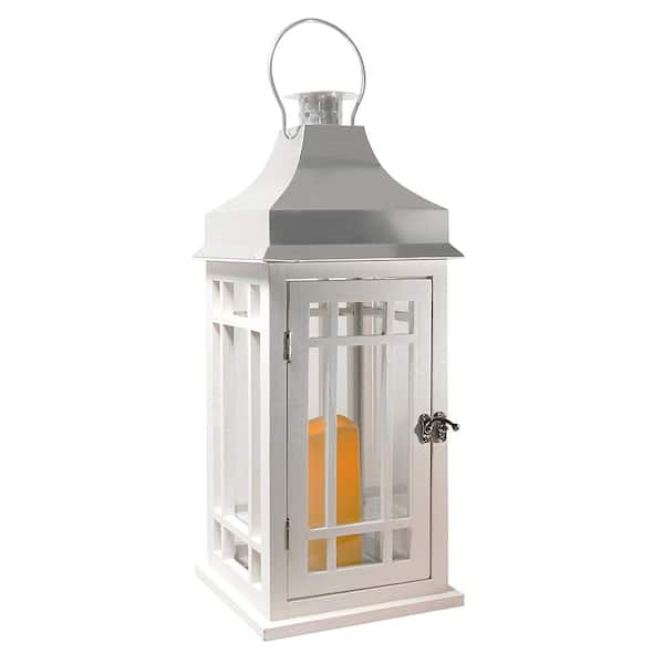 LUMABASE Lantern 9 in. x 20 in. White Wooden Lantern Chrome Roof with LED Candle