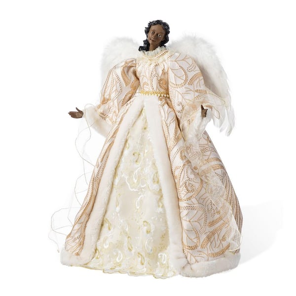 24 in. H Faux Fur & PVC Christmas Elegant African American Angel Tree Topper