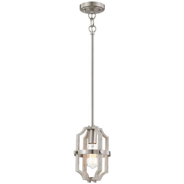 TRUE FINE Richwood 1-Light Brushed Nickel Modern Farmhouse Mini Pendant with White-Washed Wood Accents