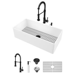 Matte Stone 36" Single Bowl Farmhouse Apron Front Undermount Kitchen Sink with Faucet in Matte Black and Accessories