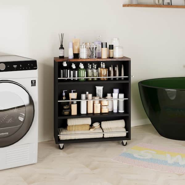 Wonline Movable Slim Storage Cart Brown Wooden Kitchen Cart with 3 Tier Adjustable Shelves Rolling Cart For Home Organizer