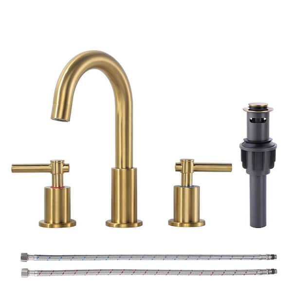 8 in. Widespread Stainless Steel Double Handle Bathroom Faucet with Pop-up Drain and Supply Hoses in Brushed Gold