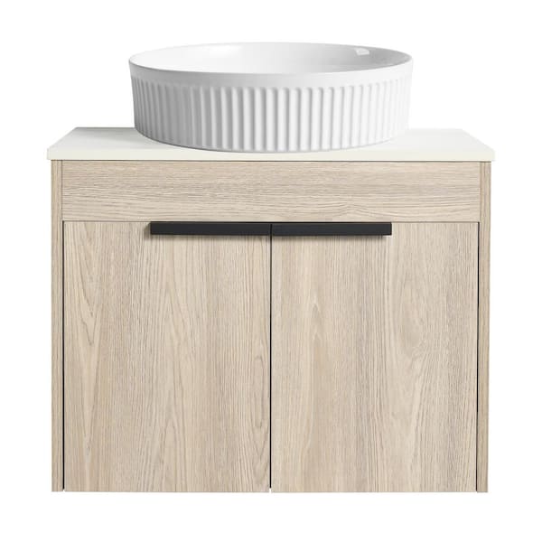 Boosicavelly 23.62 in. W x 18.9 in. D x 18.3 in. H Single Sink Wall Mounted Bath Vanity in White Oak with White Sintered Stone Top